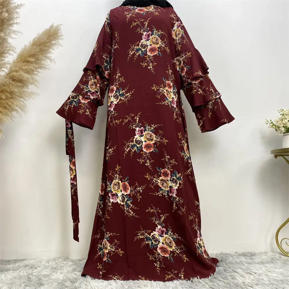 Grosir 2024 gaun Muslim baru modis longgar lengan kelopak gaun panjang leher bulat cetak gaun Muslim desain jubah terbaru Dubai'S