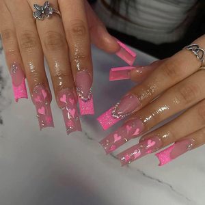 Personalizado al por mayor 3D Rhinestone diseño 24 piezas cuadrado largo prensa <span class=keywords><strong>en</strong></span> las <span class=keywords><strong>uñas</strong></span> rosa perla <span class=keywords><strong>uñas</strong></span> postizas - Product Image 4