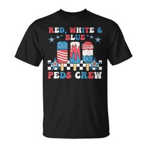 T-shirt à manches courtes rouge, blanc et bleu, col ras du cou, unisexe, design patriotique du 4 juillet - Product Image 1