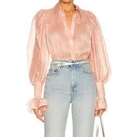 Women's Sheer Layered Puff Sleeves Blouse Tops