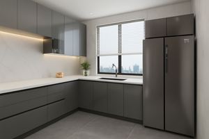Armoires de cuisine modernes en forme de L de couleur grise SANTOPOVA avec éclairage LED et rangement intégré - Product Image 4