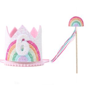 Chapeau d'anniversaire pour enfants 1-6 ans, ensemble baguette magique arc-en-ciel 2 pièces, couronne et serre-tête, fournitures de fête pour filles, Ramadan, remise de diplôme - Product Image 2