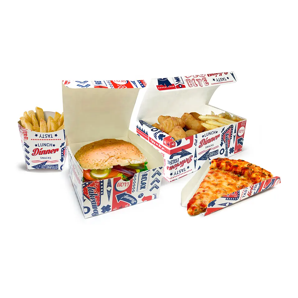 Custom Food Boxes Frietjes Gebakken Kip Nuggets Pizza Hamburger Kartonnen Papier Weg Te Nemen Voedsel Verpakking