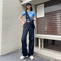 Jean large en denim brut foncé pour femme, taille haute, coupe droite ample, longueur au sol, tissu ferme, style rétro urbain, ODM