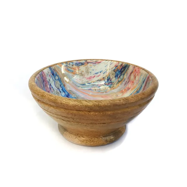 Mango Wood Bowl With graphic printed enamel design inside the bowl for storing dry fruit Fruits Salad Natural Wooden Bowl Indian