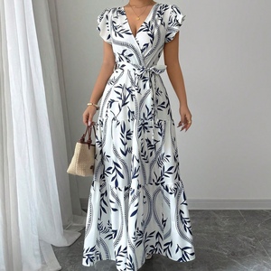 Vestidos Elegantes de Playa para Mujer, con Lazos Delanteros, Dobladillo con Volantes, Manga Corta, Estampado Floral, Corte en A, a la Moda - Product Image 1