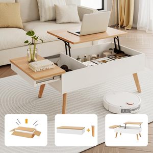 <span class=keywords><strong>Table</strong></span> basse relevable bicolore pour le salon, <span class=keywords><strong>table</strong></span> basse en MDF avec compartiment de rangement caché, panneau latéral rétractable, pieds en bois - Product Image 1