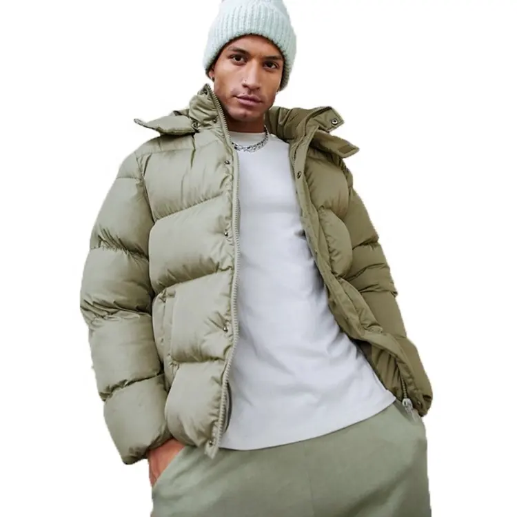 OEM factory mens custom fashion detachable hooded khaki winter padding puffer jacket