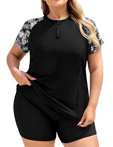 <b>Womens</b> Plus Size Short Sleeve Rash Guard Half Zip Printed Sleeve <b>Swim</b> <b>Shirt</b> Top Wholesale Bulk - Product Image 1