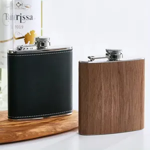 Wholesale Supply Hot Selling 3oz 4oz 5oz 6oz Wood Grain Leather Stainless Steel Wine Pocket Hip Flask For Party