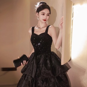 Black Halter Neck Evening Gown Sequined Empire Waist Long Dress For Party Wedding Birthday Graduation - Product Image 3