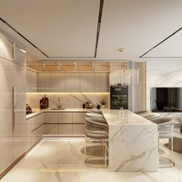 Meuble de cuisine îlot en marbre extra moderne et distingué, finition laquée en contreplaqué sur mesure et créative