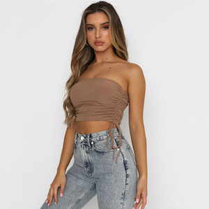 Haut court sans bretelles pour femme, rose, avec cordon de serrage, dos nu, tricoté, haute élasticité, pour usage quotidien, couleur unie, haut tendance - Product Image 4