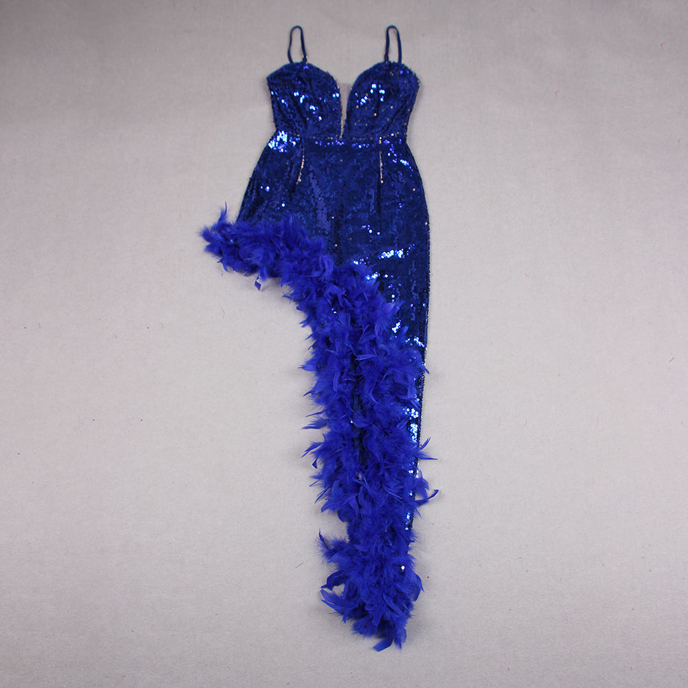 Elegant Party Dress - Royal Blue Sequins & Feather Details