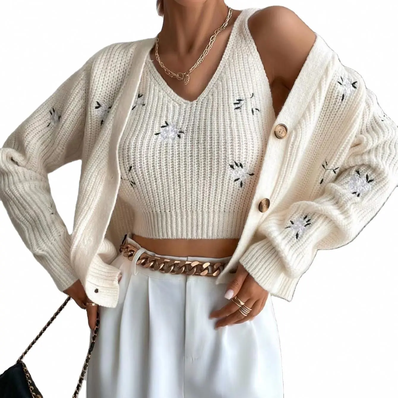 Wholesale Custom Knit Sexy Long Sleeve 2 Piece Cardigan Crop Tank Top Floral Embroidery Plus Size Woolen Sweater Set For Women