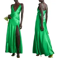 Maxi vestido longo sem costas, para o verão de 2022, antiderrapante, decote em v, vestido de cetim de seda com fenda brilhante verde