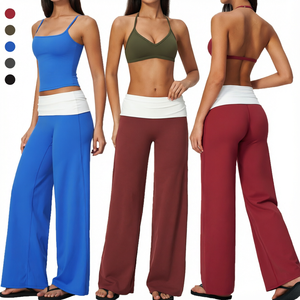 Conjunto de leggings de cintura doble para mujer, pantalones de yoga de pierna ancha y conjunto de sujetador deportivo, conjunto de yoga de 3 piezas para mujer con cintura en contraste blanco - Product Image 1