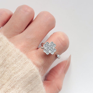 Anillo Abierto de Trébol de Cuatro Hojas al por Mayor de Fábrica, con Microincrustaciones de Zirconia, de Cobre, Giratorio, Joyería Antiestrés para Oficina para Mujer - Product Image 3