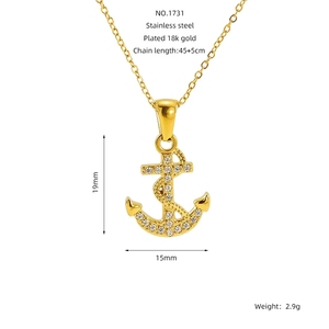 Collana con Modello <span class=keywords><strong>di</strong></span> Nave Pirata Vintage all'Ingrosso, Prezzo <span class=keywords><strong>di</strong></span> Fabbrica, Ciondolo Ancora Placcato Oro 18K Impermeabile con Zirconi - Product Image 4