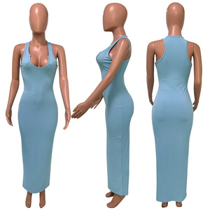 Abito lungo donna estivo Casual elegante con scollo <span class=keywords><strong>a</strong></span> U senza maniche <span class=keywords><strong>a</strong></span> coste in maglia Maxi abito - Product Image 2