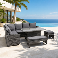Ensemble de salon de jardin moderne en rotin PE 9 places, canapé modulaire en forme de L avec table en verre pour jardin et terrasse