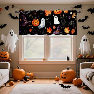 Cortinas Decorativas para Ventana de Cocina con Diseño de Gato Negro de Halloween, Calabaza, Sombrero de Bruja y Escoba, Personalizables - Product Image 5