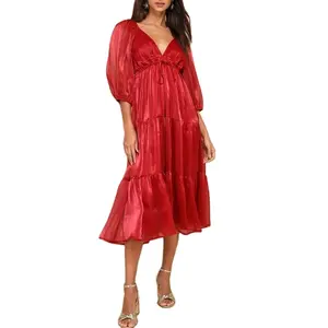 2024 özelleştirilmiş yeni moda kadın elbise kırmızı v yaka yarım kollu katmanlı alt orta uzunlukta elbiseler kadın zarif elbise