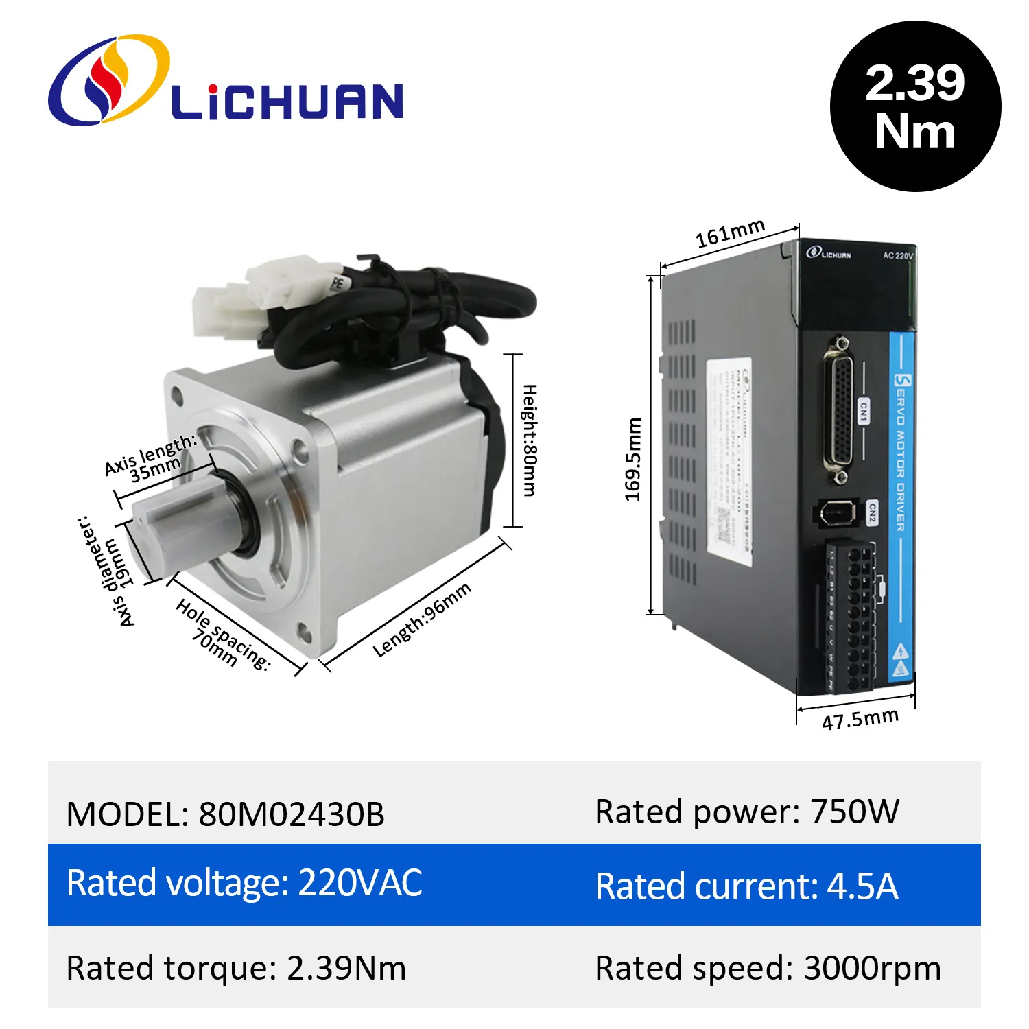 Lichuan A5 220V 3000RPM 2,39n. m 750W AC Motor Servo Kit driver 0.75KW 2.39N.m AC Motor Servo dan driver untuk mesin otomatis