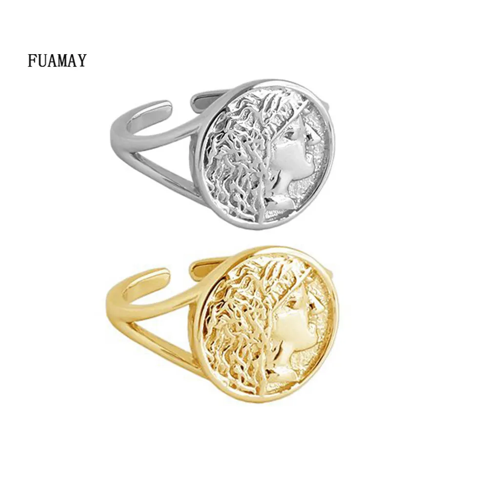 Fuamay Vintage 925 Sterling Zilver Verstelbare Staart Ringen Munt Ring Verguld Goud Ondertekenaar Ring