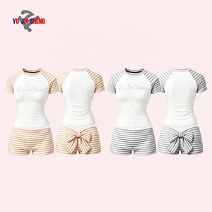 Abbigliamento Estivo <span class=keywords><strong>Donna</strong></span> Y2K Streetwear Personalizzato Fitness Loungewear Casual in <span class=keywords><strong>Cotone</strong></span> Set Due Pezzi T-Shirt Color Block e Pantaloncini con Fiocco - Product Image 3