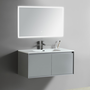 Meuble sous-vasque en PVC de 100 cm, ensemble de meubles de salle de bain suspendus gris personnalisés - Product Image 2