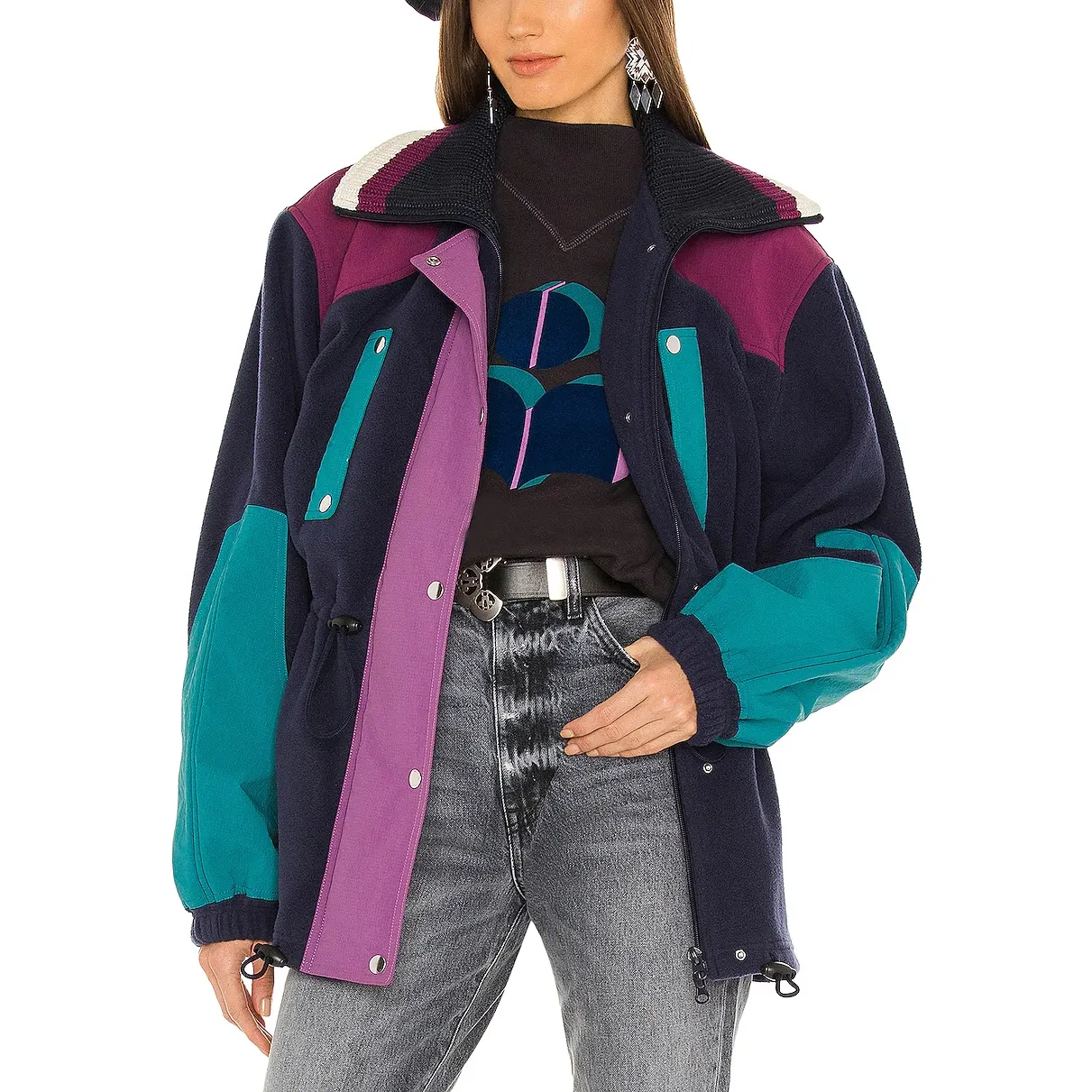 Jaqueta bomber feminina de bloqueio de cor, premium, moda feminina, cinza frontal com botão de pressão, design personalizado
