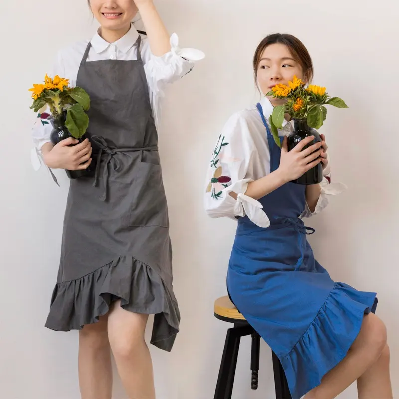 Hadiah Celemek Dapur Pabrik Penjualan Langsung Lebih Murah Gaya Baru Ruffle Jepang Linen Katun Celemek Logo dan Desain Kustom 2022