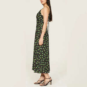 Abito Midi da Donna con Spalline Sottili in Chiffon Nero Verde Stampa Floreale, Arricciato Davanti, Vestibilità Regolare, Stile Dolce Casual Estivo, Vita Alta - Product Image 4