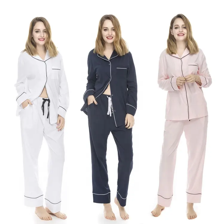 100% Cotton Women Long Sleeve Pajamas Set Factory Wholesale