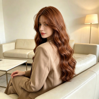 Perruque bouclée en fibre synthétique anti-frisottis, couleur caramel gingembre, avec frange latérale, design réaliste du cuir chevelu, idéale pour un usage quotidien.