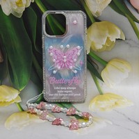 Coque de téléphone ondulée transparente à couleurs dégradées avec dragonne papillon pour iPhone 17 Pro Max 15 14 13 12 11