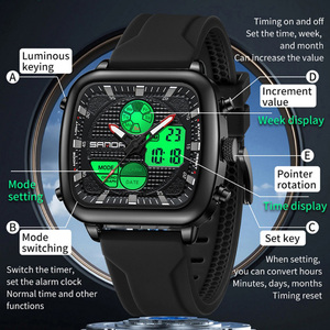 Reloj de Cuarzo Cuadrado Elegante para Hombre Sanda 9101, Reloj de Pulsera Digital Multifuncional Informal con Doble Pantalla y Alarma - Product Image 3