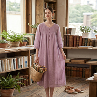 Robe bohème en ramie pour femme, col rond, plissée devant, coupe ample, manches 3/4, décontractée, tendance, pour les vacances d'été