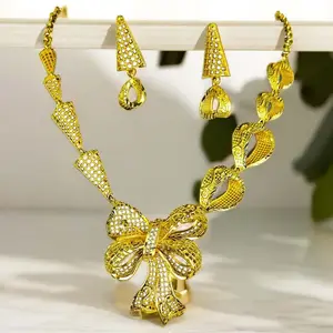 Indian 24K Vergulde 2 Stuks Sets Ketting Oorbellen Voor Vrouwen Marokkaanse Nigeriaanse Mode Bruids Bruiloft Sieraden Set Geschenken