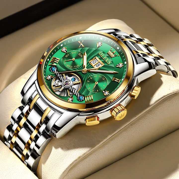 OLEVS Lxuxry Brand Gold Men's Watches Full Skeleton Stainless steel Chronograph Wristwatch Waterproof Luminous Quartz Watch Men