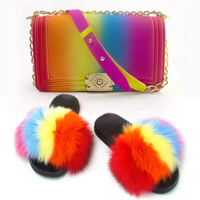 Hot Rainbow color Jelly Woman Crossbody Purse match Slides Shoulder Bag With Fox Fur Slipper Set Mommy and me set women's sandal