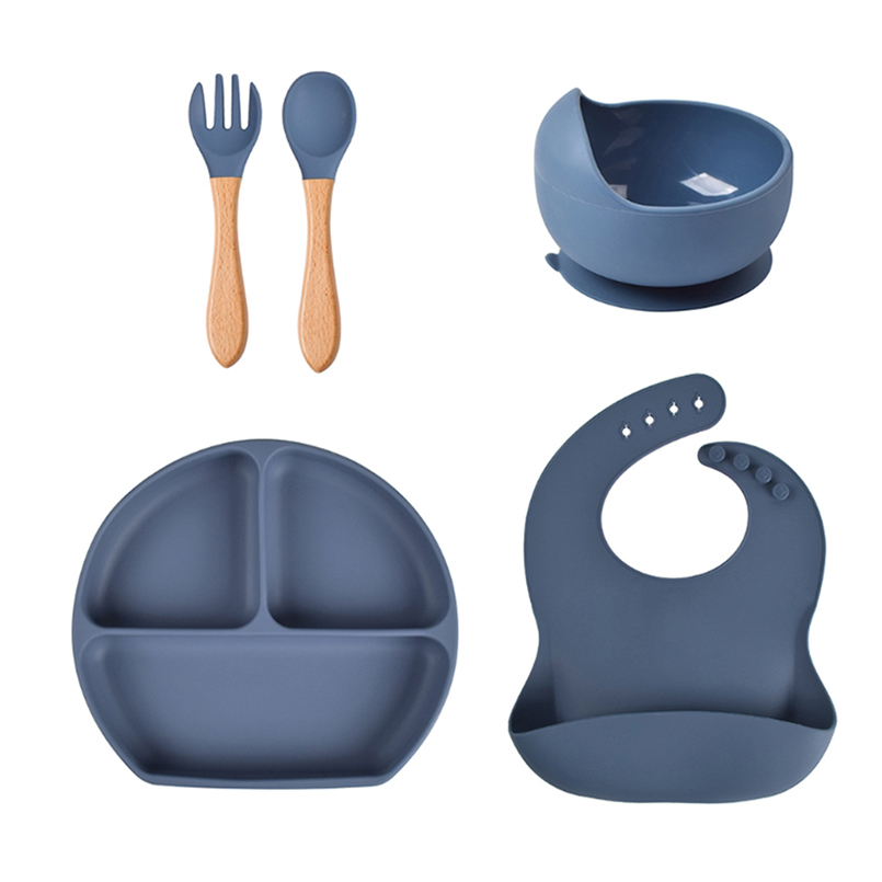 Не содержит Бисфенол А 5 штук в партии; Детская посуда силиконовые миски для кормления набор всасывания для тарелочной чаши с деревянная Ложка Вилка