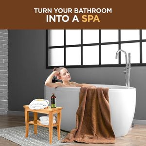 Tabouret de douche double couche en bambou avec rangement 40x25.5x43cm, siège de salle de bain antidérapant pour usage domestique - Product Image 3