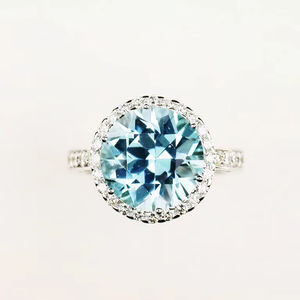 Bague de fiançailles en or 18 carats véritable avec pierre précieuse en aquamarine bleue naturelle ronde et diamant pour femmes Bijoux - Product Image 1