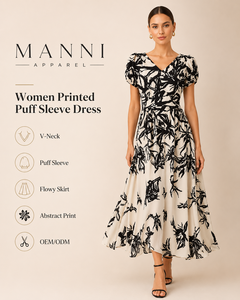 Fabricante de Vestidos Personalizados, Ropa a Medida, Vestidos Midi de Mujer <span class=keywords><strong>con</strong></span> Mangas Abullonadas, Estampado Floral <span class=keywords><strong>Beige</strong></span> y Negro, Cintura Alta - Product Image 1