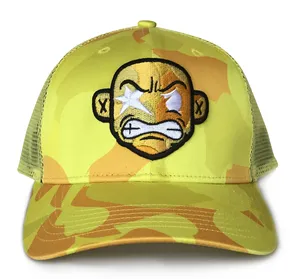 Topi Bisbol Desain Baru Mode 6 Panel 100% Katun Camo Logo Cetak Warna Kuning Topi Trucker Pria Kustom Cetak Topi Trucker