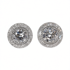 Orecchini a lobo E997 in oro bianco con diamanti, taglio brillante rotondo, montatura a castone, gioielli classici da donna per matrimonio - Product Image 1