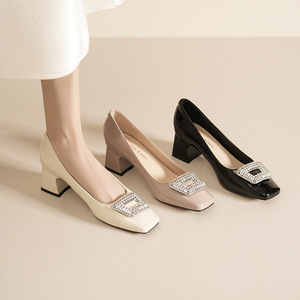 Square Toe Pumps With Rhinestones Medium Heel Office Shoes For Women Comfortable Solid Color <b>Dress</b> Shoes 5688B-175 - Product Image 1