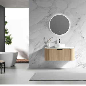 Juego de Muebles de Baño de Madera Contrachapada Rústica Curvada y Acordonada de 40 Pulgadas, Resistente <span class=keywords><strong>al</strong></span> Agua, con Lavabo de Cerámica y Espejo LED, Venta <span class=keywords><strong>al</strong></span> Por Mayor - Product Image 1